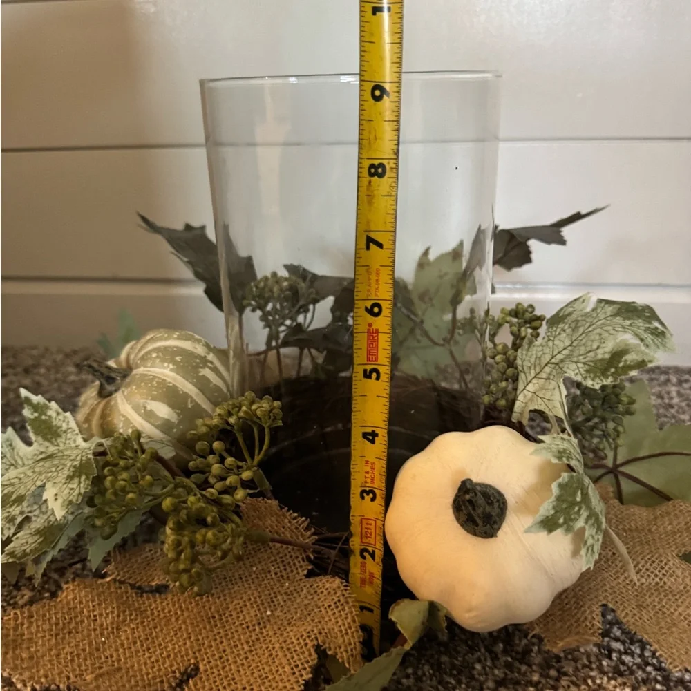 Autumn Harvest Glass Candle Holder with Green and Cream Accents